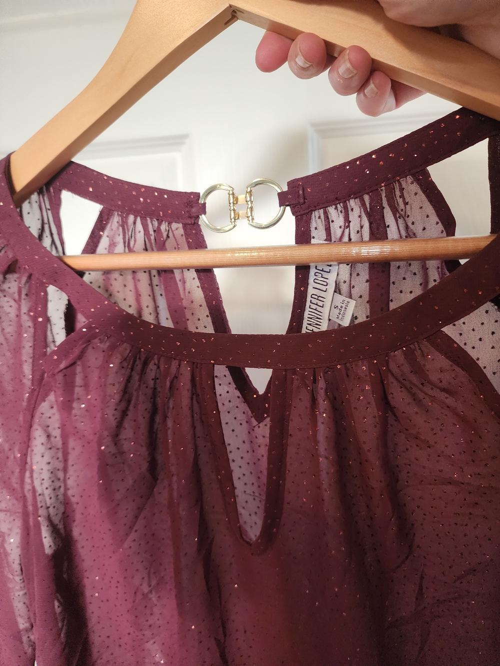 Jennifer Lopez Sheer, Shimmery Long-Sleeve Peasant Blouse in Plum - Picture 6 of 6
